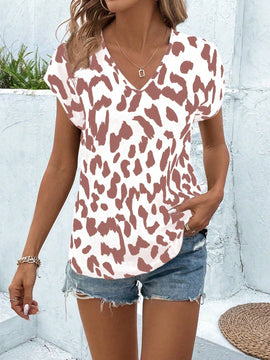 Camisa de trabajo de manga corta con estampado de leopardo para mujer de verano