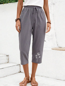 EMERY ROSE Pantalones casuales de 7/8 para mujer con estampado de diente de leon y cinturon anudado