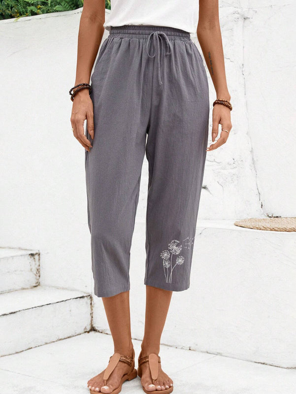 EMERY ROSE Pantalones casuales de 7/8 para mujer con estampado de diente de leon y cinturon anudado