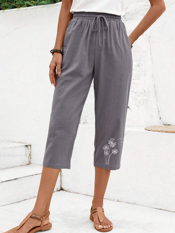 EMERY ROSE Pantalones casuales de 7/8 para mujer con estampado de diente de leon y cinturon anudado