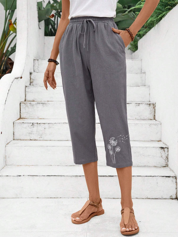EMERY ROSE Pantalones casuales de 7/8 para mujer con estampado de diente de leon y cinturon anudado