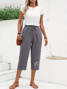 EMERY ROSE Pantalones casuales de 7/8 para mujer con estampado de diente de leon y cinturon anudado
