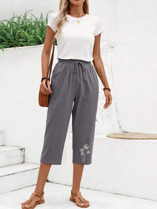 EMERY ROSE Pantalones casuales de 7/8 para mujer con estampado de diente de leon y cinturon anudado