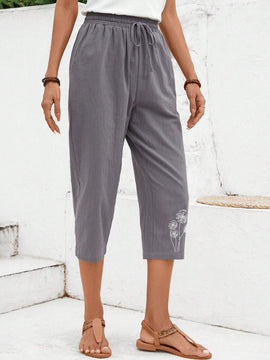 EMERY ROSE Pantalones casuales de 7/8 para mujer con estampado de diente de leon y cinturon anudado