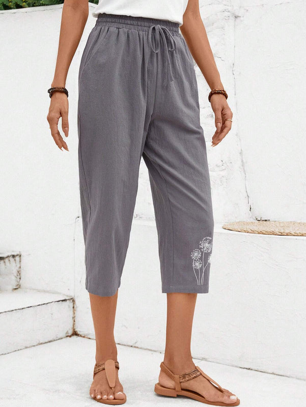 EMERY ROSE Pantalones casuales de 7/8 para mujer con estampado de diente de leon y cinturon anudado