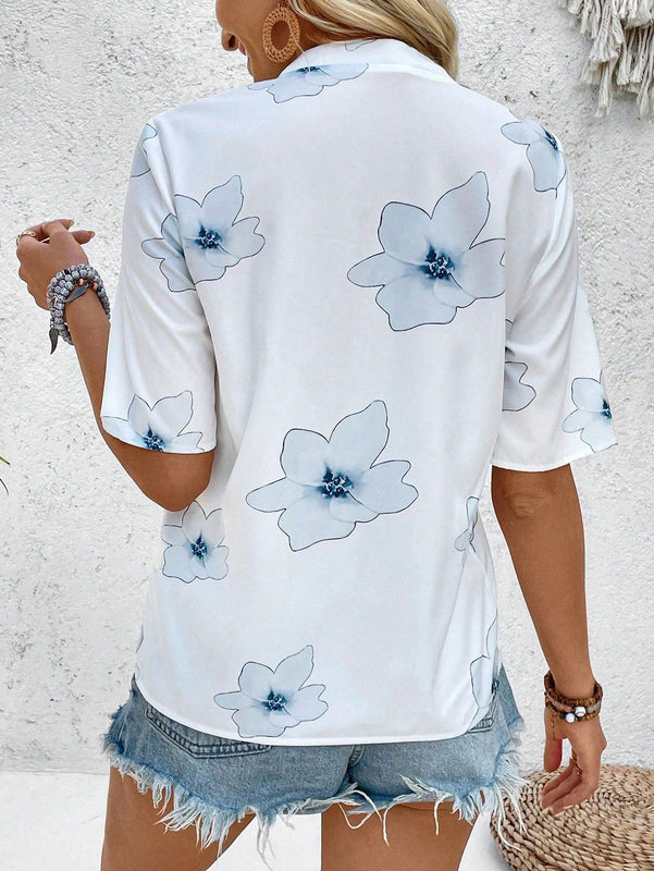 EMERY ROSE Camisa Femenina Ligera, Elegante Y Moderna Con Estampado Veraniego Y Cuello En V