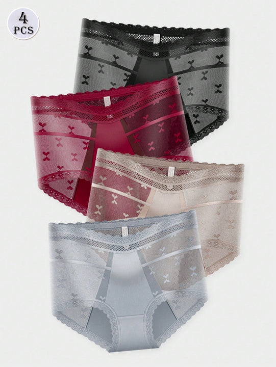 4 piezas Sexy Encaje Edge Malla transparente de cintura alta Triangulo Panties