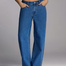 Forever 21 Jeans casuales azules con cintura alta y pernera ancha tratados con acabado de metal pesado