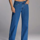 Forever 21 Jeans casuales azules con cintura alta y pernera ancha tratados con acabado de metal pesado
