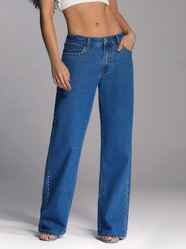 Forever 21 Jeans casuales azules con cintura alta y pernera ancha tratados con acabado de metal pesado