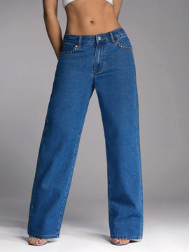 Forever 21 Jeans casuales azules con cintura alta y pernera ancha tratados con acabado de metal pesado