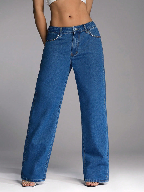 Forever 21 Jeans casuales azules con cintura alta y pernera ancha tratados con acabado de metal pesado