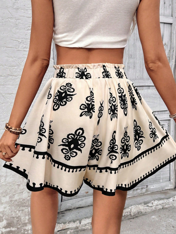 VCAY Shorts de cintura elastica con corbata a la cintura con estampado al azar