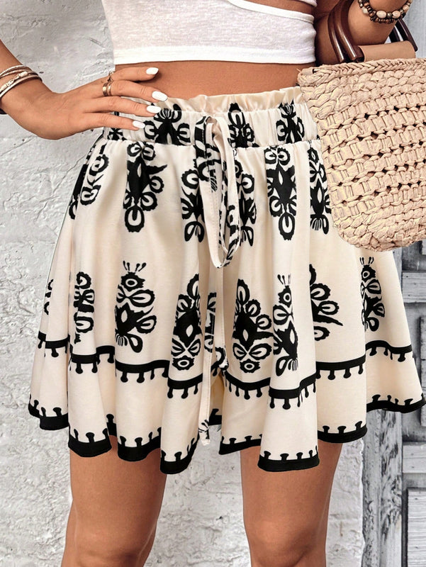 VCAY Shorts de cintura elastica con corbata a la cintura con estampado al azar