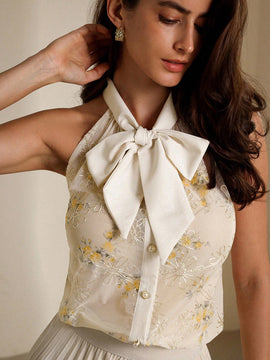 Prive Camisa para mujer con estampado aleatorio y decoracion de lazo