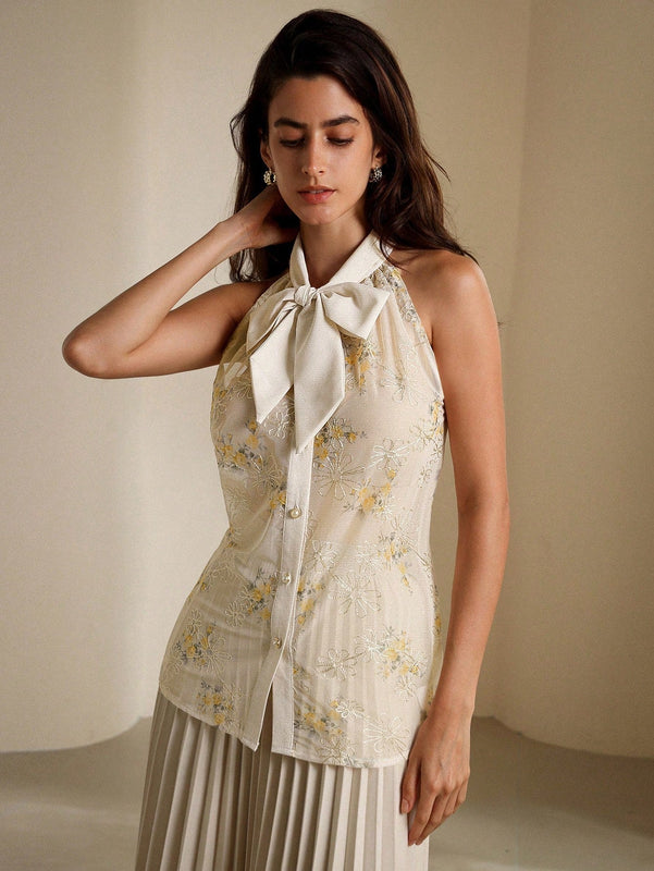 Prive Camisa para mujer con estampado aleatorio y decoracion de lazo
