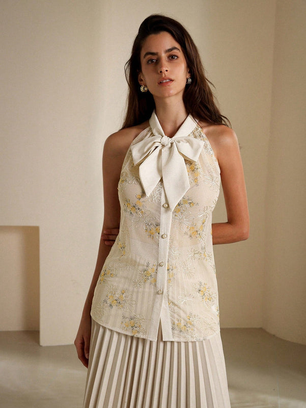 Prive Camisa para mujer con estampado aleatorio y decoracion de lazo
