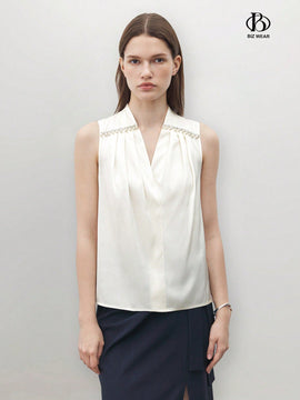 BIZwear Camisa elegante sin mangas de mujer con cuello drapeado para trabajo y festivales