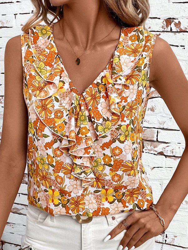 Clasi Camisa de mujer con ribete de volantes y cuello en V