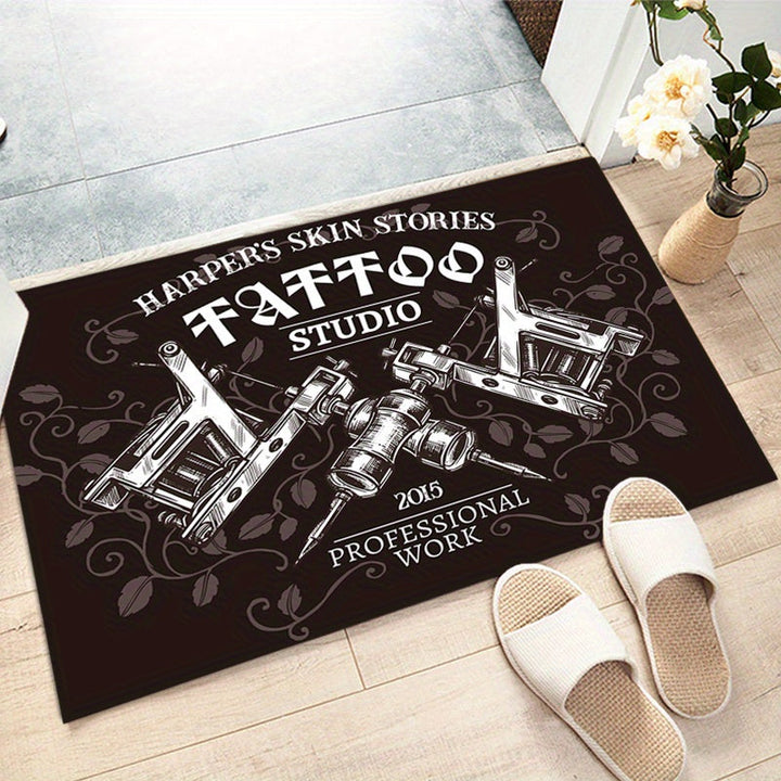 1pc Alfombra de poliéster antideslizante de Harper'S Skin Stories Tattoo Studio, alfombra de silla de oficina duradera, tela de terciopelo de cristal de alta densidad, lavable en máquina, para entrada, interior y uso exterior