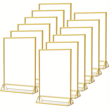 Juego de 6/12 soportes de señalización de acrílico dorado que miden 10,16 cm por 15,24 cm, ideales para números de mesa de bodas, con marcos dobles para mostrar fotos, y que sirven como soportes de menú transparentes o soportes de folletos para bodas, ho