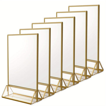 Juego de 6/12 soportes de señalización de acrílico dorado que miden 10,16 cm por 15,24 cm, ideales para números de mesa de bodas, con marcos dobles para mostrar fotos, y que sirven como soportes de menú transparentes o soportes de folletos para bodas, ho