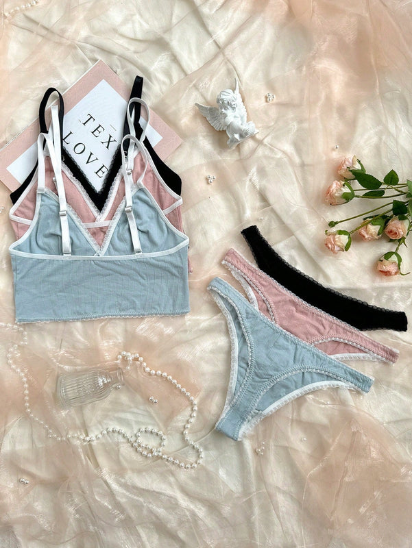 NEW Ropa interior elegante y comoda para mujer con rayas huecas, tangas, conjunto de 3 piezas en colores surtidos