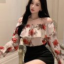 DAZY Camisa de mujer con estampado floral y diseno con detalles de volantes, detalles de volantes, mangas largas con lazos