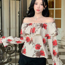 DAZY Camisa de mujer con estampado floral y diseno con detalles de volantes, detalles de volantes, mangas largas con lazos