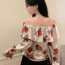 DAZY Camisa de mujer con estampado floral y diseno con detalles de volantes, detalles de volantes, mangas largas con lazos