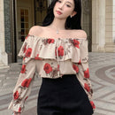 DAZY Camisa de mujer con estampado floral y diseno con detalles de volantes, detalles de volantes, mangas largas con lazos