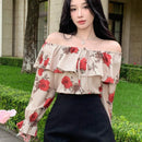 DAZY Camisa de mujer con estampado floral y diseno con detalles de volantes, detalles de volantes, mangas largas con lazos