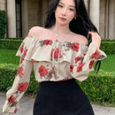 DAZY Camisa de mujer con estampado floral y diseno con detalles de volantes, detalles de volantes, mangas largas con lazos