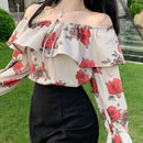 DAZY Camisa de mujer con estampado floral y diseno con detalles de volantes, detalles de volantes, mangas largas con lazos