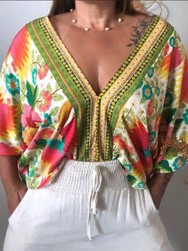 Camisa de verano con estampado completo y cuello en V para mujer