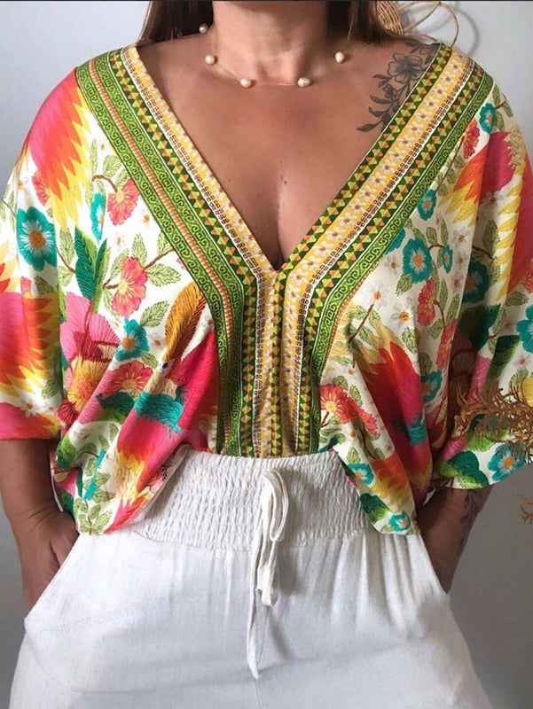 Camisa de verano con estampado completo y cuello en V para mujer