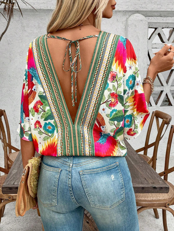 Camisa de verano con estampado completo y cuello en V para mujer