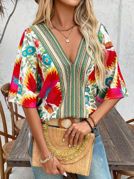 Camisa de verano con estampado completo y cuello en V para mujer