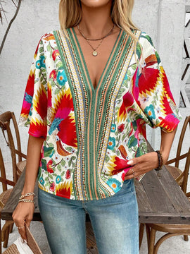 Camisa de verano con estampado completo y cuello en V para mujer