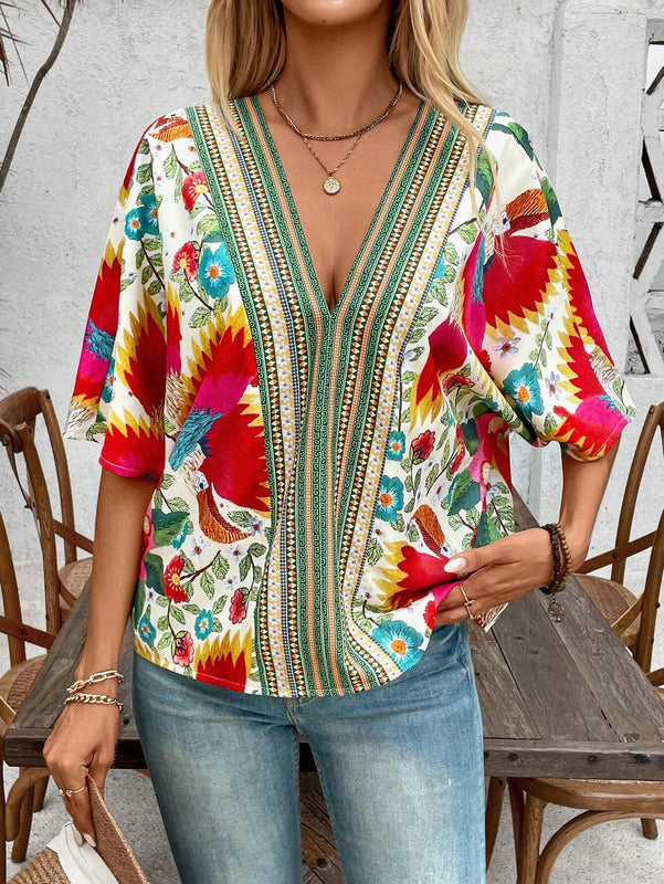 Camisa de verano con estampado completo y cuello en V para mujer