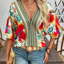 NEW  VCAY Camisa de verano con estampado completo y cuello en V para mujer