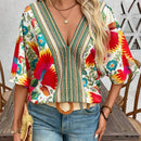 Camisa de verano con estampado completo y cuello en V para mujer