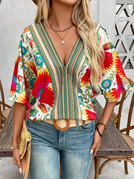 Camisa de verano con estampado completo y cuello en V para mujer