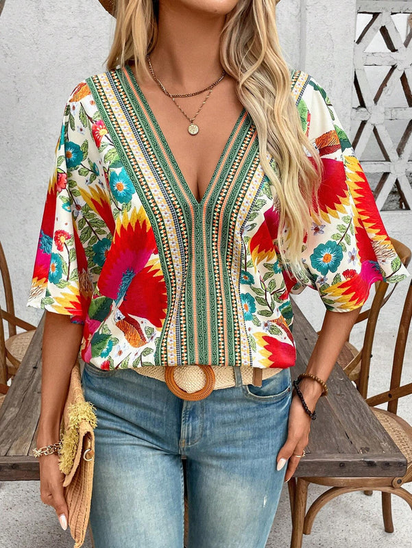 Camisa de verano con estampado completo y cuello en V para mujer