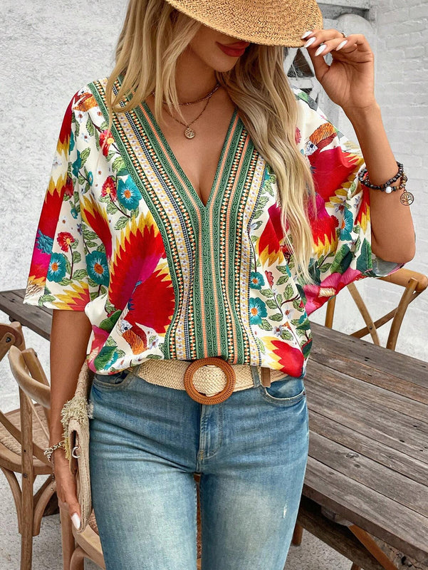 Camisa de verano con estampado completo y cuello en V para mujer