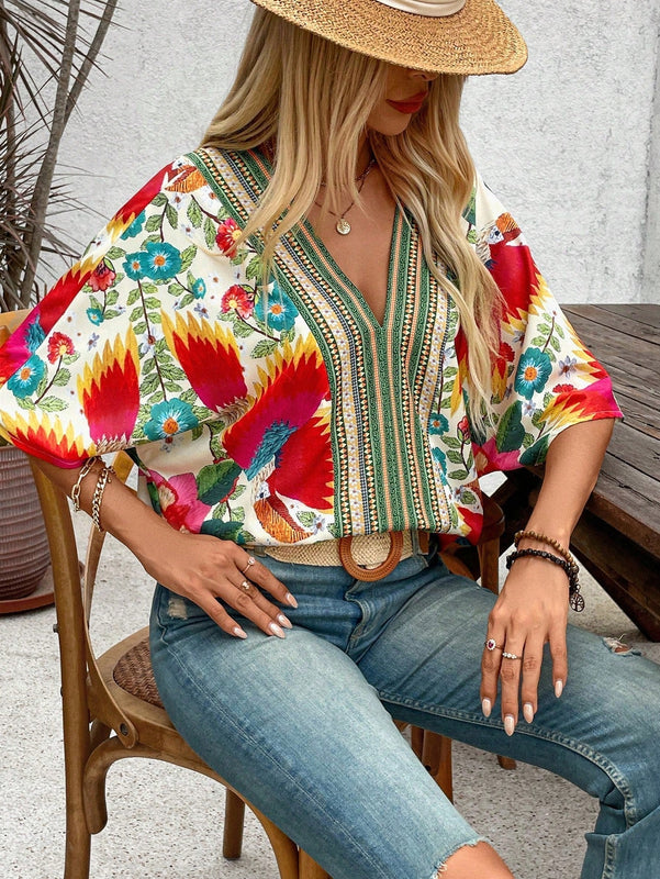 Camisa de verano con estampado completo y cuello en V para mujer