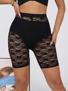 Leggings para mujeres ajustados y de moda con estampado de flor de ciruela de encaje y corte corto
