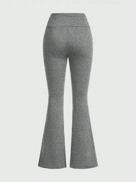 ROMWE Goth Pantalones acampanados ajustados de color rosa con impresion cruzada de vid enredada con cintura en V de moda