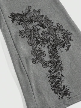 ROMWE Goth Pantalones acampanados ajustados de color rosa con impresion cruzada de vid enredada con cintura en V de moda