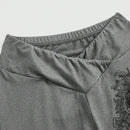 ROMWE Goth Pantalones acampanados ajustados de color rosa con impresion cruzada de vid enredada con cintura en V de moda